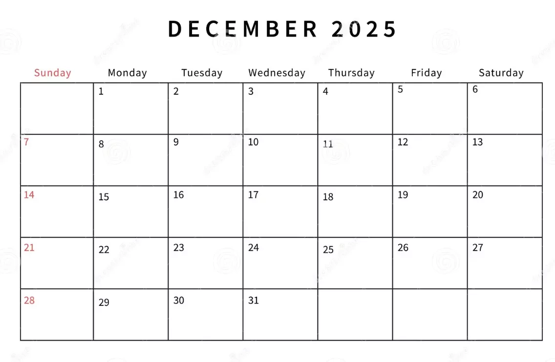 Minimalist December 2025 calendar with clean grid layout