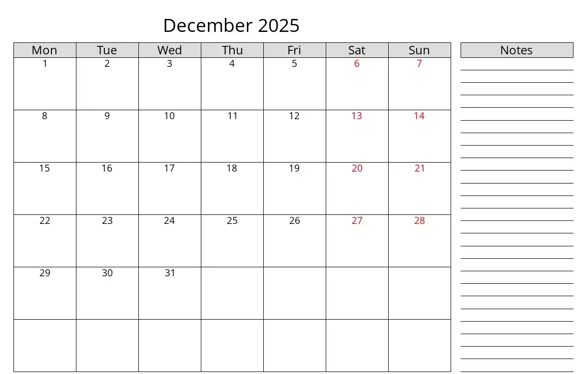 Monday start calendar for December 2025 with holiday highlights and free image templates