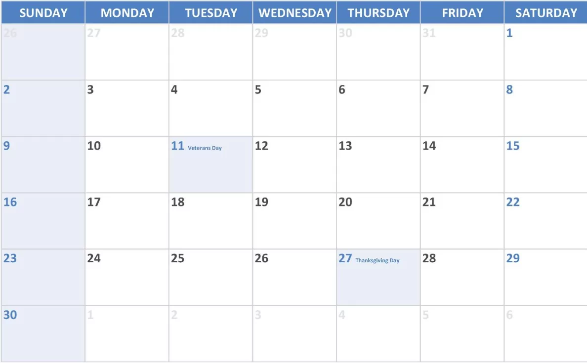 November 2025 Calendar minimalist layout preview