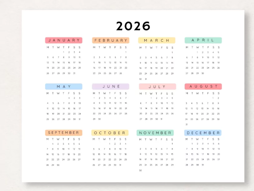 Printable 2026 Calendar Grid for Wall
