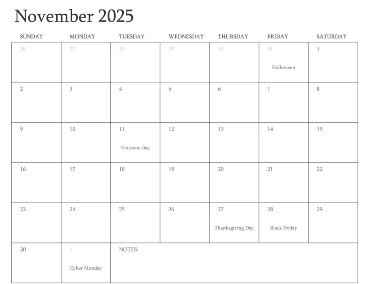 Printable November 2025 Holiday Schedule