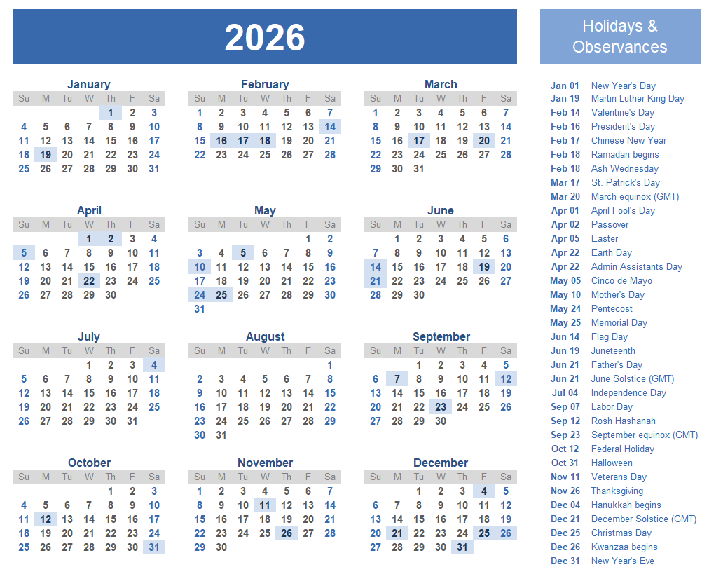 Simple printable calendar showing holiday dates and notes
