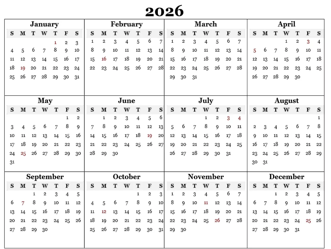 With Notes 2026 Calendar printable calendar image