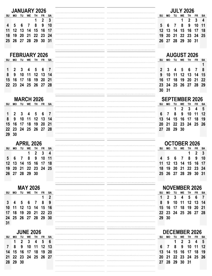 With Notes 2026 Calendar template in JPG and PNG