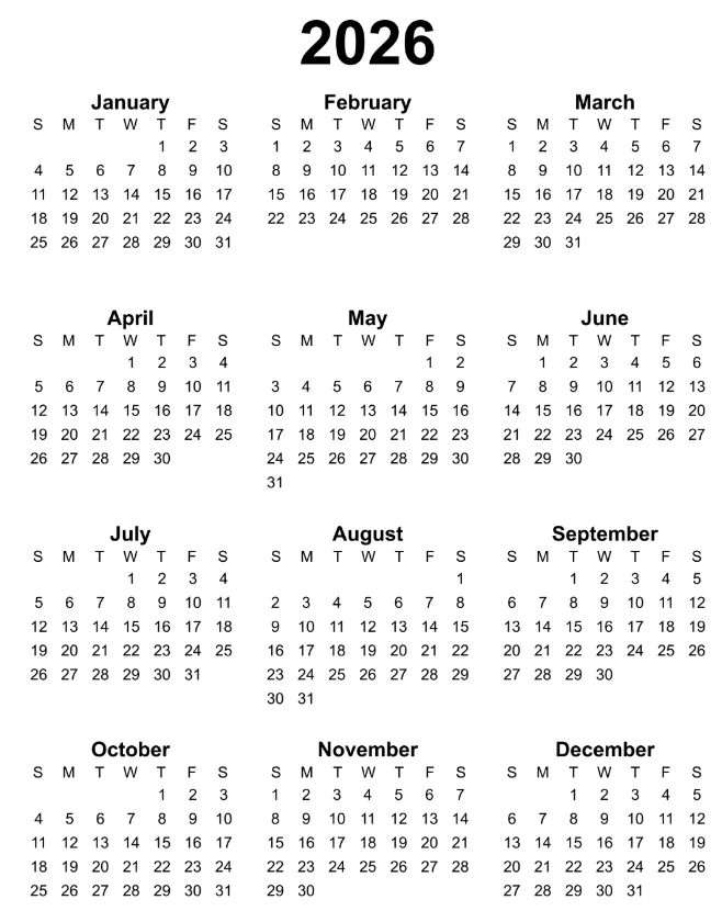 Yearly Wall Calendar 2026 Landscape Printable PDF
