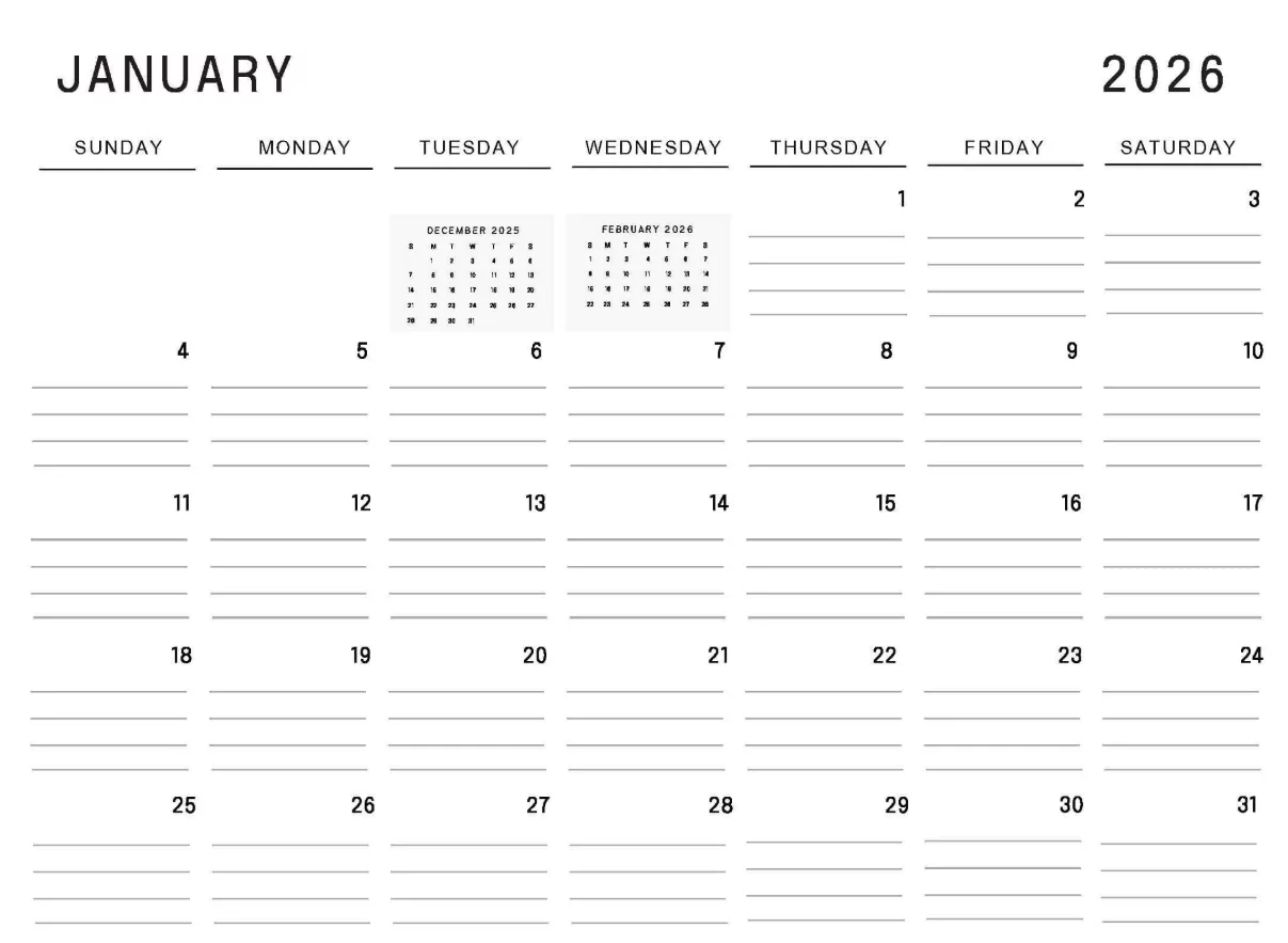 calendar january minimalist black and white calendar 2026 printable