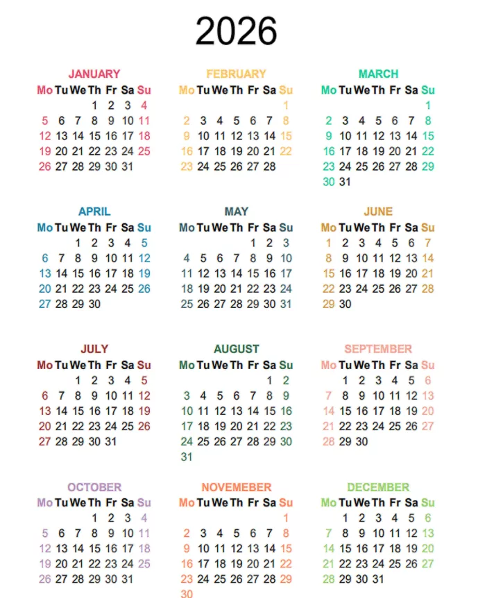 calendarlabs 2026 monthly calendar
