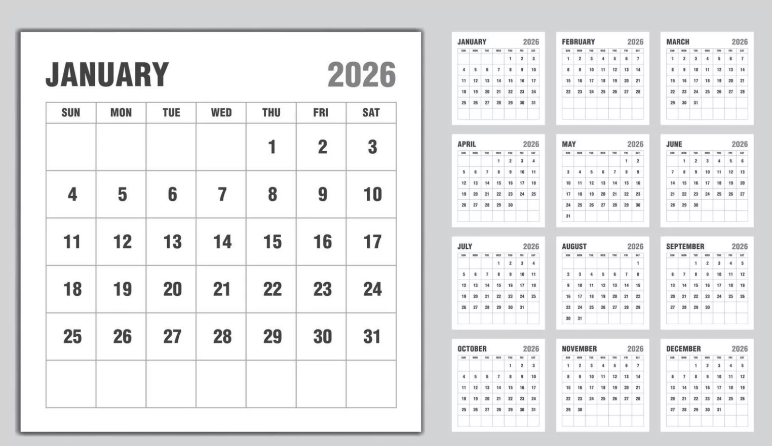 january 2026 minimalist black and white calendar 2026 printable