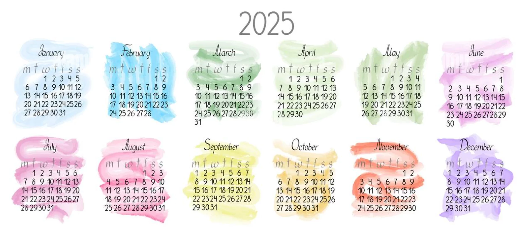 monday start watercolor calendar 2025 artistic design printable