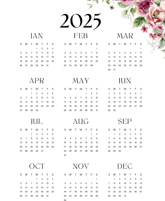 printable floral floral calendar 2025 seasonal flower design