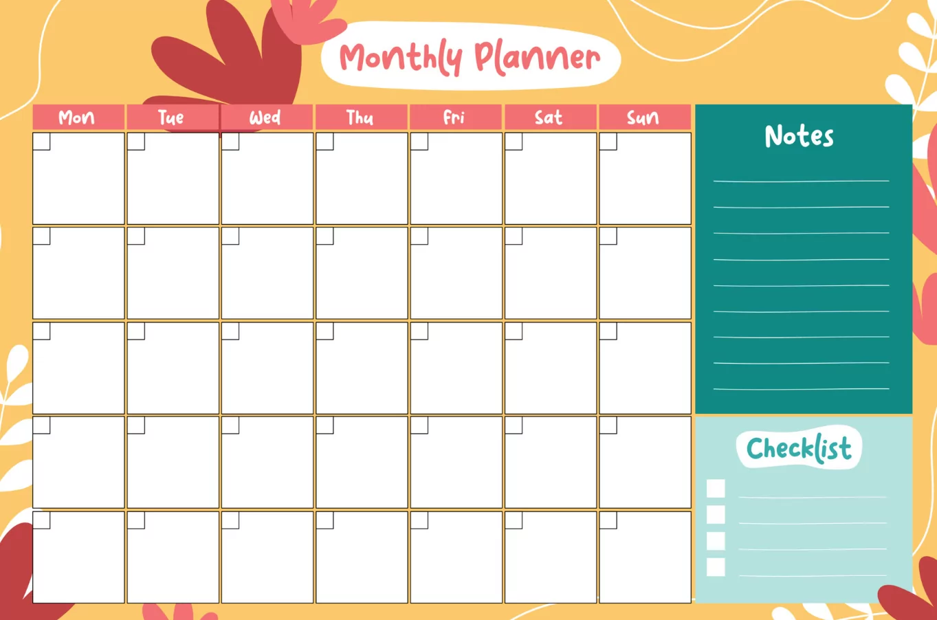 bright colorful monthly planner printable design