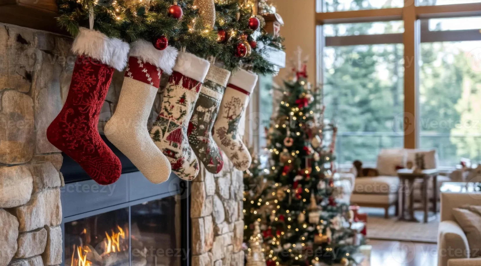 Christmas morning scene with stockings hung on fireplace and wrapped gifts in cozy room