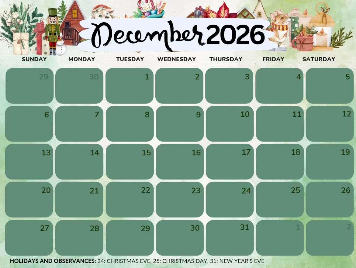 December 2026 calendar with Christmas countdown dates highlighted in festive red and green