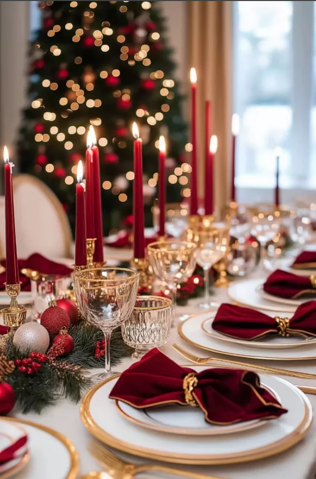Festive Christmas dining table set with holiday decorations fresh evergreens and candles