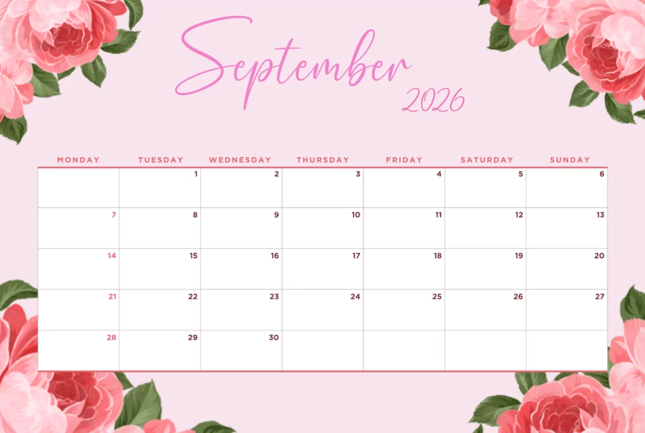 Printed cute September calendar 2026 pinned to wall next to dried flowers and stationery supplies