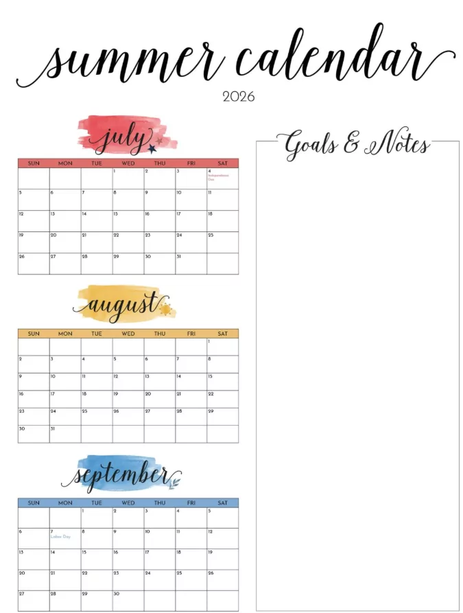 Summer holiday calendar 2026 printable vacation planning destinations